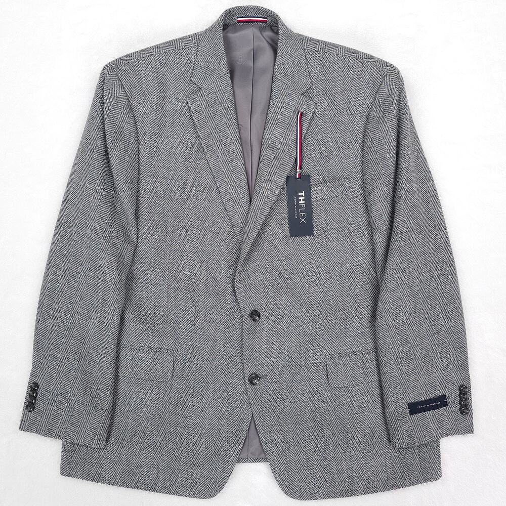 Tommy Hilfiger Mens Modern Fit Sport Coat 46R Grey Herringbone Stretch Wool NWT